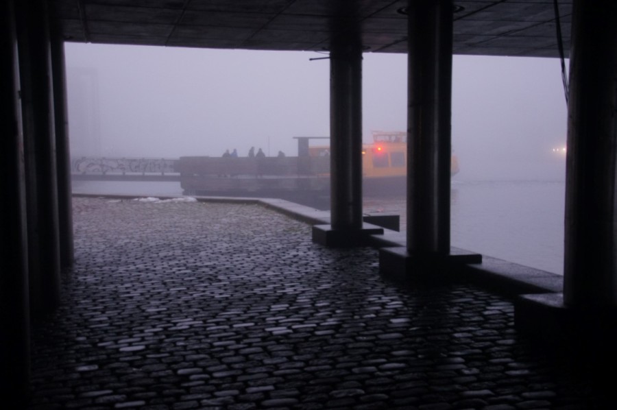 water bus in Copenhagen on a foggy day